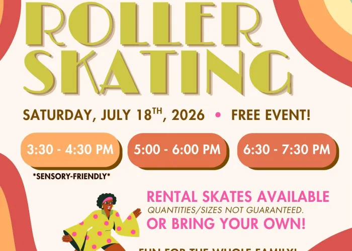 Groovy 70s colours around outside, roller skater cartoon, event details