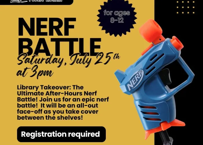 Blue and orange nerf toy gun, yellow background, black writing event details