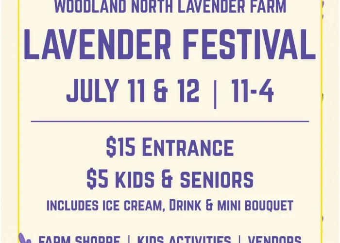 Purple writing with event details on pale yellow background, lemons & lavender cartoon figures